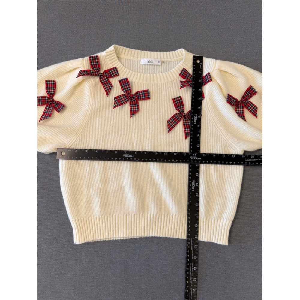 Talulah ivory short-sleeve knit sweater with multiple plaid bows puff slv SZ M - Picture 4 of 7